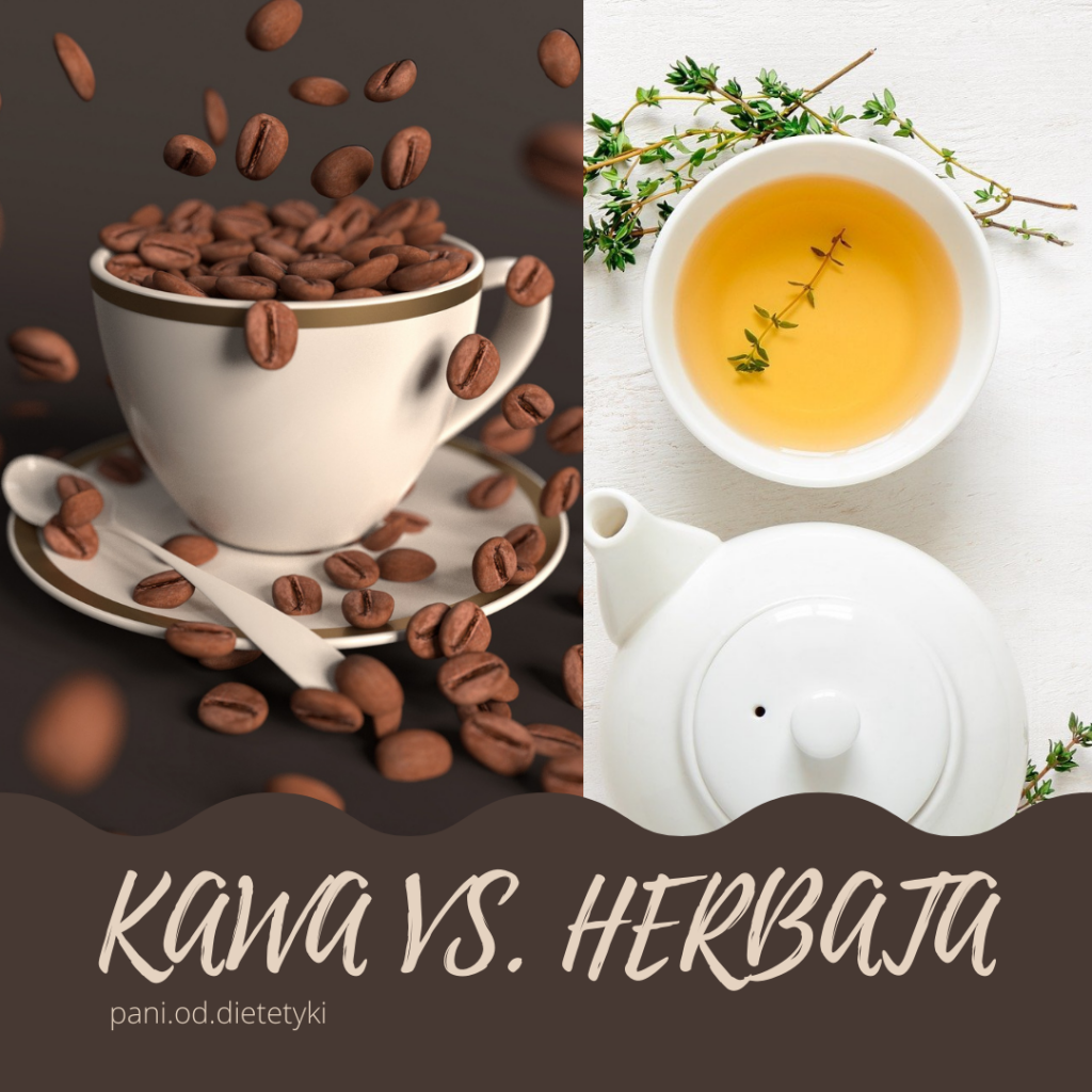 Ziarna kawy i dzbanek, w którym jest herbata