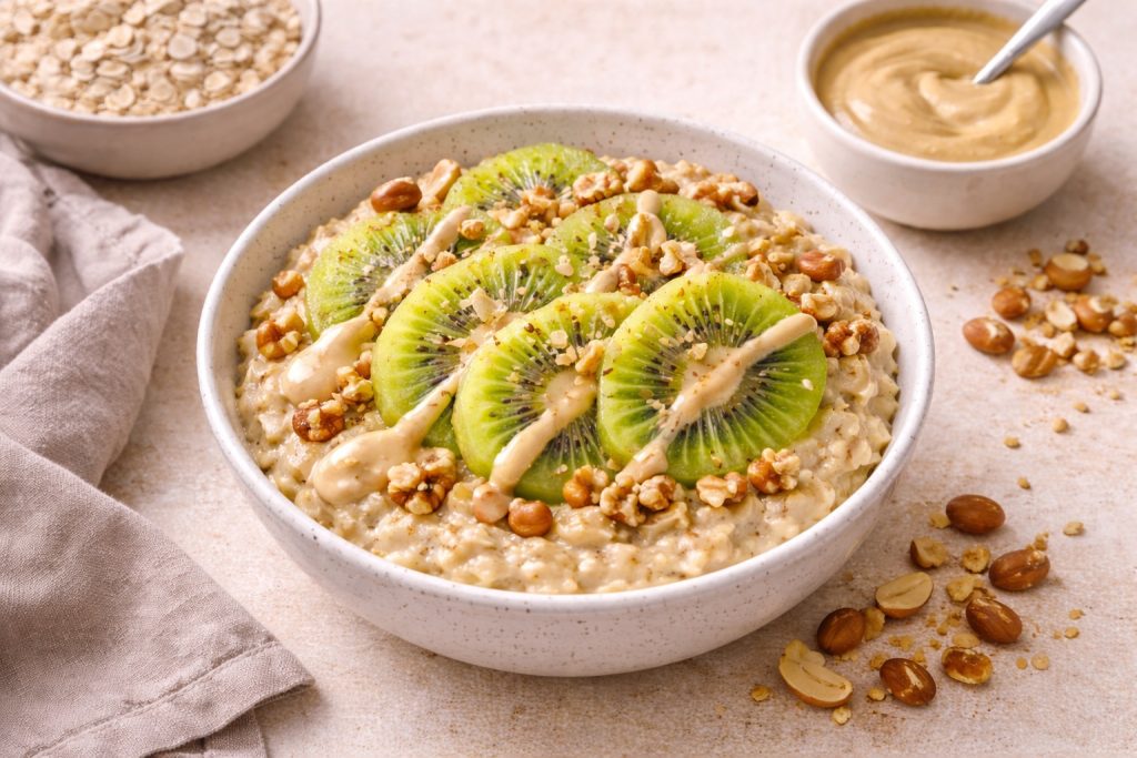 owsianka z kiwi, pastą tahini i orzechami