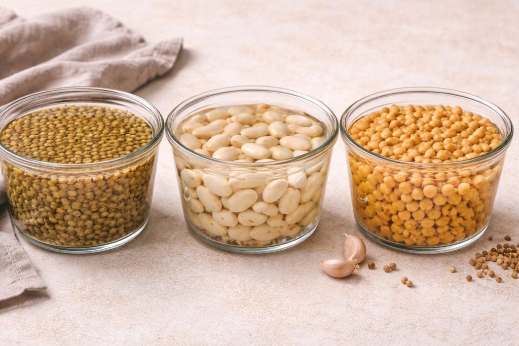 soczewica, ciecierzyca, fasola namoczone w wodzie